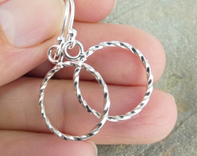 Twisted Wire Solid Sterling Silver Circle Drop Earrings, Hook Hoop Earrings, Handcrafted Precious Metal Earrings for Everyday Wear, UK