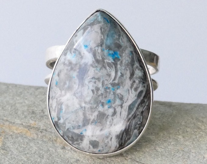 Grey Granite Sterling Silver Ring, Handmade Hammered Gray Stone Statement Ring, Artisan Silver Jewelry, Double Shank Silver Ring, UK Size N