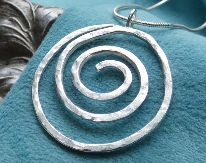 Large Spiral Silver Necklace, Minimalist, Lightweight, Hammered Artisan Solid Sterling Silver Spiral Pendant Necklace, Statement Jewellery