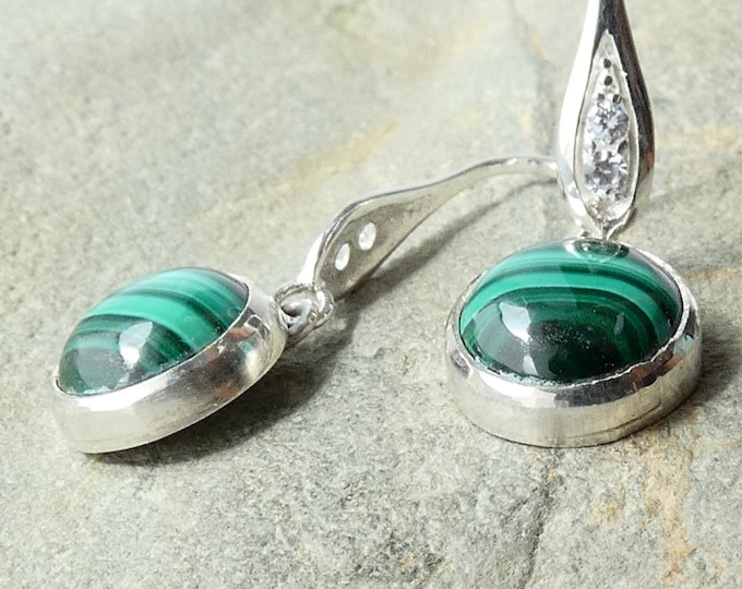 Malachite Silver Earrings, Sterling Silver Drop Earrings w Round Green Stone, Elegant Minimalist Green Gemstone Classic Drop Earrings, UK