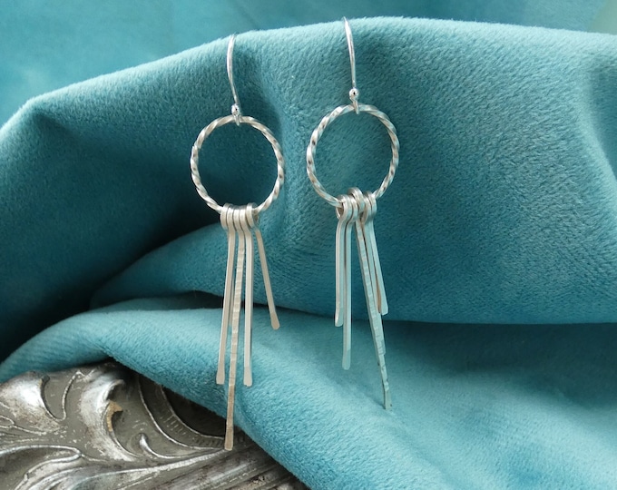 Lightweight Silver Paddle Tassel Earrings, Handcrafted Sterling Silver Cascading Fringe Earrings, Long Lightweight Dangling Drop Earrings UK