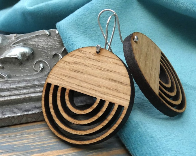 Wooden Circle Earrings, Large Boho Earrings with Sterling Silver Hooks, Oversized Lightweight Slightly Dangling Statement Earrings for Women