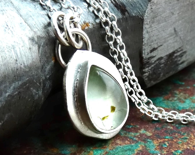 Beautiful Prehnite Natural Gemstone in Handcrafted Teardrop Bezel Setting, Artisan Rustic Solid Sterling Silver Jewellery, Pendant Necklace
