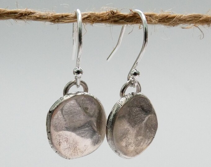 Rustic Hammered Sterling Silver Disc Drop Earrings, Unusual, Minimalist, Primitive Style, Artisan, Recycled Silver Dangle Drop Earrings, UK