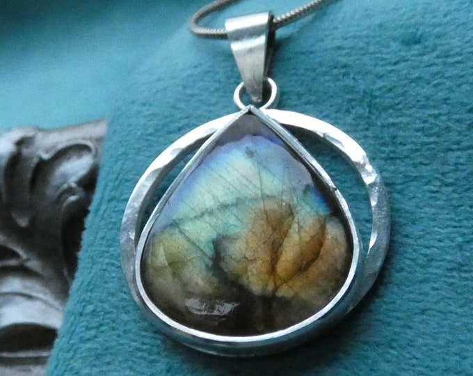 Large Chunky Labradorite Necklace, Handcrafted Solid Sterling Silver Pendant Necklace, Teardrop Natural Gemstone Statement Artisan Jewellery