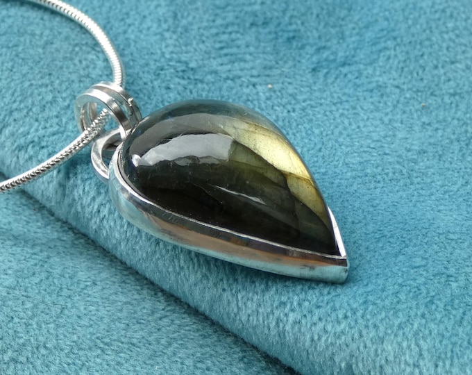 Large Chunky Labradorite Necklace, Handcrafted Solid Sterling Silver Pendant Necklace, Teardrop Natural Gemstone Statement Artisan Jewellery