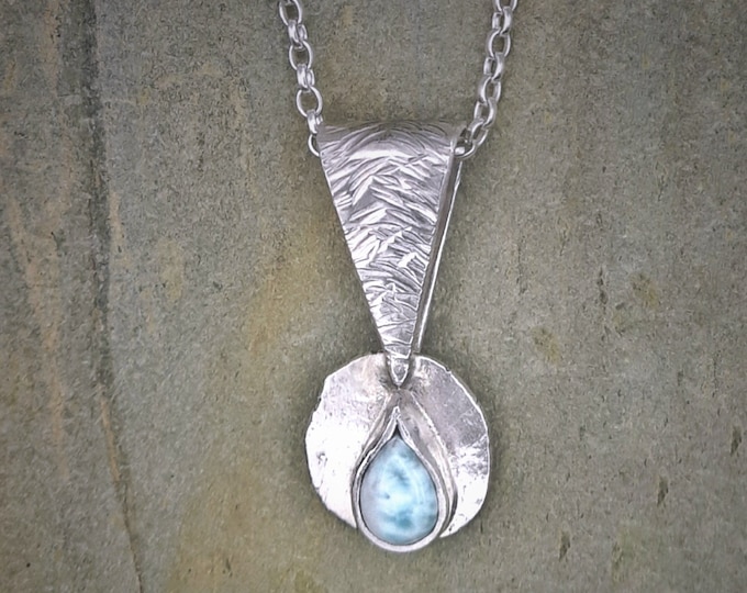 Larimar Necklace, Handmade Rustic Sterling Silver Pendant Necklace with Small Teardrop Shaped Larimar Stone, Blue Larimar Gemstone Jewellery