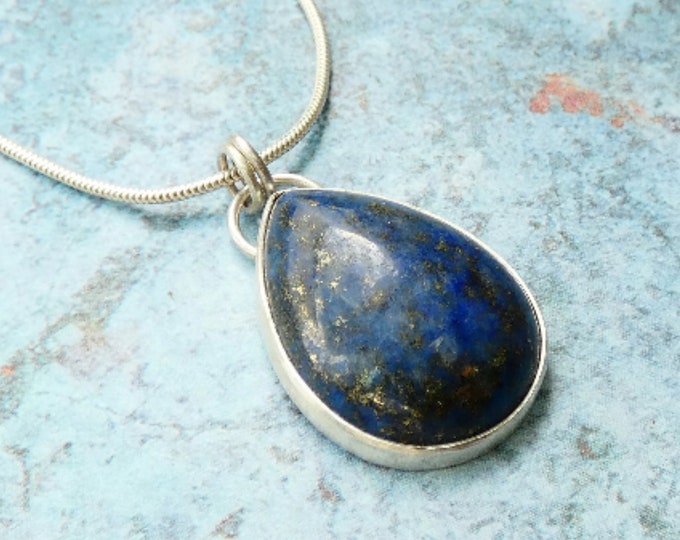 Lapis Necklace, Beautiful Large Teardrop Lapis Lazuli Sterling Silver Pendant Necklace, Handcrafted Silver Jewellery, Blue Stone Pendant, UK