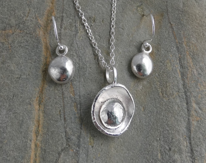 Silver Nugget Set, Handmade Sterling Silver Pebble Drop Earrings and Pendant Necklace Jewellery Set, Rustic Silver Nugget Jewellery Set, UK