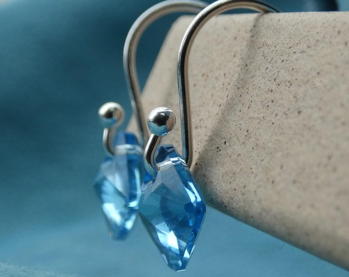 Tiny Earrings with Light Blue Stone, Minimalist Drop Earrings, Lightweight Earrings with Sterling Silver Hoop, Small Everyday Earrings, UK