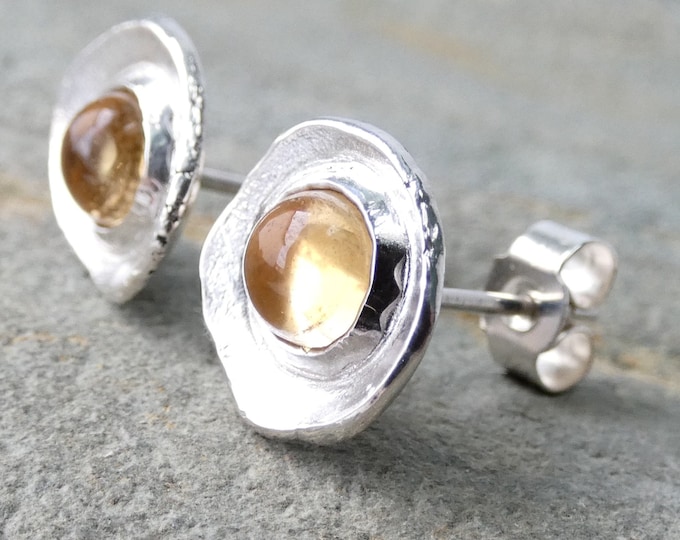 Rustic Citrine Ear Studs, Handcrafted Solid Sterling Silver Stud Earrings w Small Yellow Citrine Gemstone, Unusual Artisan Silver Earrings