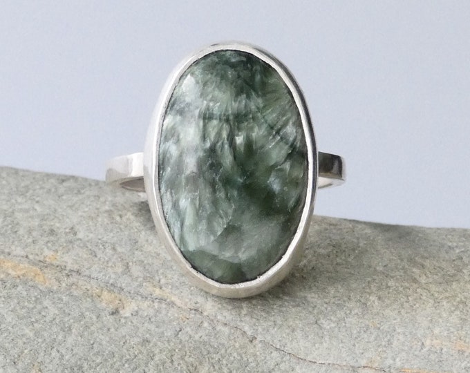 Large Oval Green Seraphinite Sterling Silver Ring, Handmade Green Gemstone Silver Statement Ring, Artisan Silver Jewellery, UK Size M 1/2