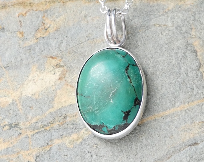 Green Turquoise Gemstone Silver Pendant Necklace, Handmade Sterling Silver Natural Gemstone Necklace, Artisan Silver Jewelry, Chakra Gem, UK
