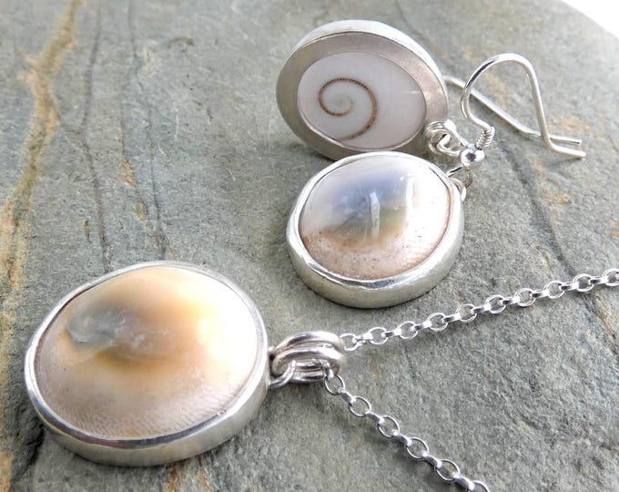 Shiva Eye Sterling Silver Jewellery Set, Handmade Organic Dangling Drop Earrings and Pendant Necklace, Artisan Precious Metal Jewellery, UK