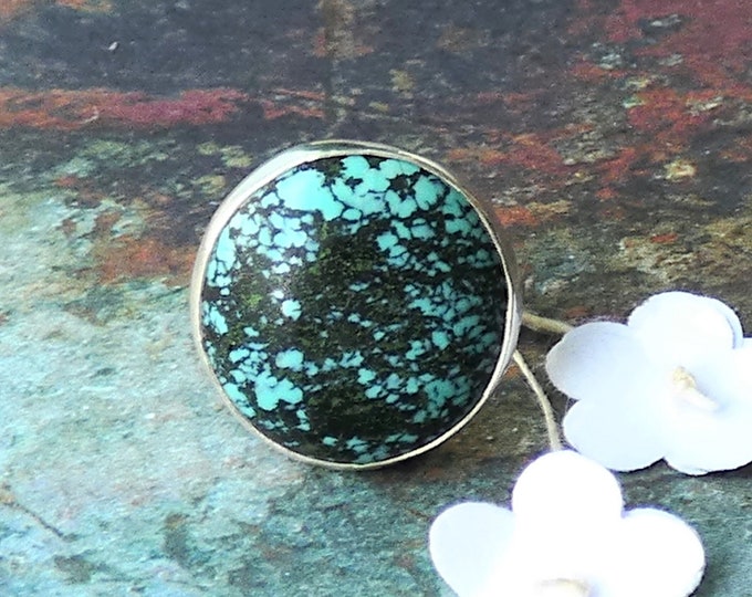 Handmade Turquoise Sterling Silver Ring, Handcrafted Genuine Turquoise Silver Ring, Natural Gemstone Ring, Large Round Stone Ring, UK Size L