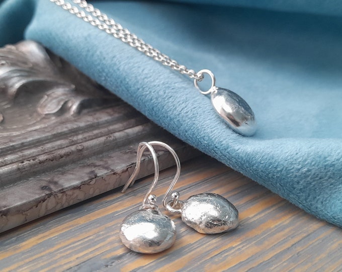 Minimalist Silver Nugget Set, Molten Organic Solid Silver Drop Earrings and Pendant Necklace Set Rustic Artisan Boho Chic Jewellery Set, UK