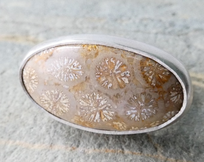 Coral Fossil Horizontal Silver Ring, Fossilised Coral Silver Ring, Handmade Hammered Oval Coral Fossil Sterling Silver Statement Ring, UK
