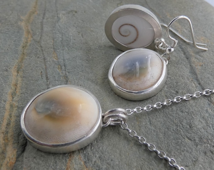 Shiva Eye jewellery Set, Handmade Sterling Silver Drop Earrings and Necklace Set w Oval Shiva Eye Shell, Ethically Made Organic Silver Set