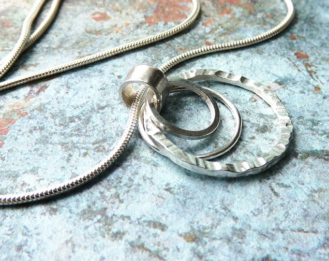 Silver Circle Necklace, Three Handmade Sterling Silver Circles Pendant Necklace, Large Lightweight Circle Necklace, Silver Fidget Necklace