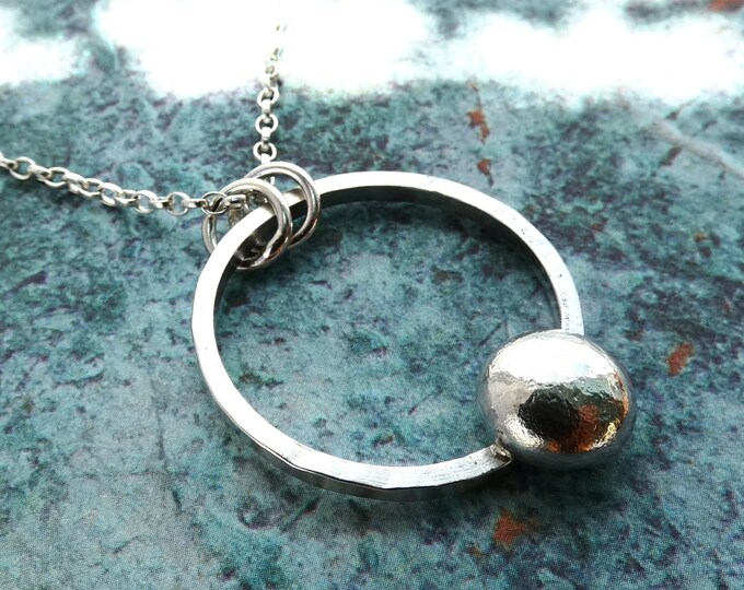 Large Silver Circle Necklace, Hammered Sterling Silver Circle Pendant Necklace w Organic Silver Nugget, Textured Hoop Artisan Jewellery, UK