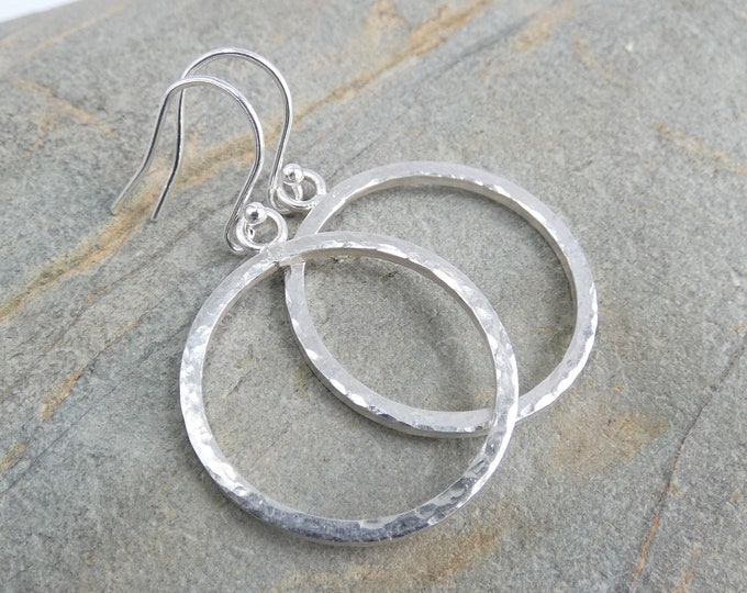Sterling Silver Large Circle Drop Dangle Earrings, Handmade Hammered 26mm Circle Dangling Drop Earrings, Lightweight Silver Hoop Earrings