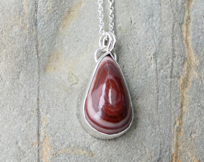 Teardrop Red Eye Agate Silver Necklace, Handmade Sterling Silver Burgundy Pendant Necklace, Burgundy Stone Jewelry, Ethically Made Jewellery