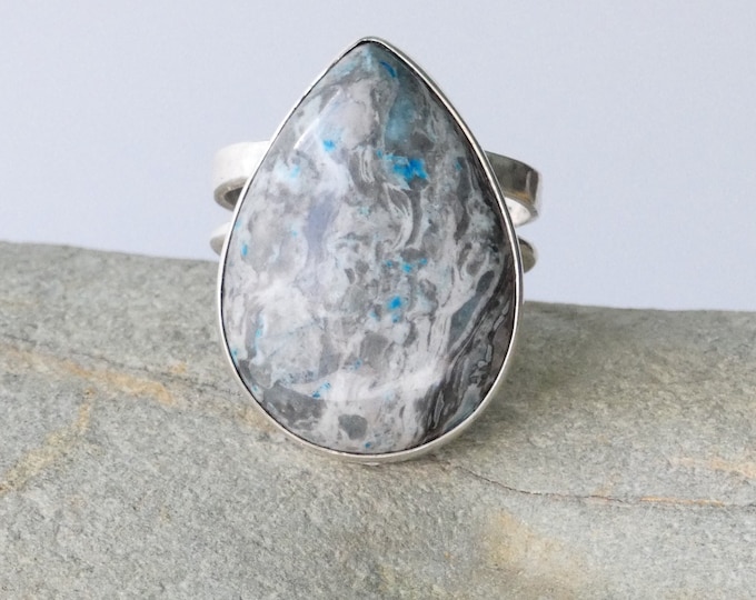 Grey Granite Sterling Silver Ring, Handmade Hammered Gray Stone Statement Ring, Artisan Silver Jewelry, Double Shank Silver Ring, UK Size N