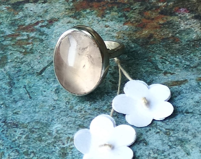 Rose Quartz Ring, Large Chunky Sterling Silver Statement Ring w Oval Pale Pink Stone, Gemstone Cocktail Ring, Simple, Modern Bezel Set Ring