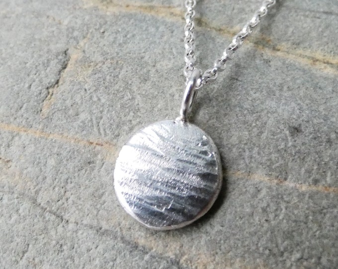 Ridge Textured Sterling Silver Disc Pendant Necklace , Minimalist Silver Nugget Necklace , Handmade Hammered Sterling Silver Disc Jewellery