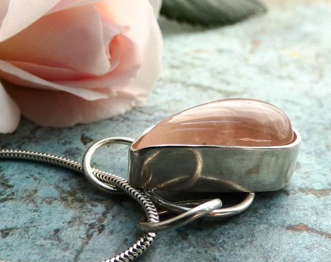 Handcrafted Pale Pink Rose Quartz Pendant Necklace, Unique Precious Metal Jewellery, One of a Kind Sterling Silver Teardrop Pendant Necklace