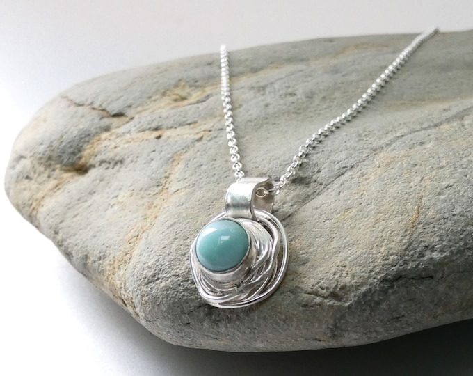 Handcrafted Blue Larimar Stone Pendant Necklace, Sterling Silver Necklace w Blue Stone, Minimalist Recycled Silver Abstract Charm Necklace