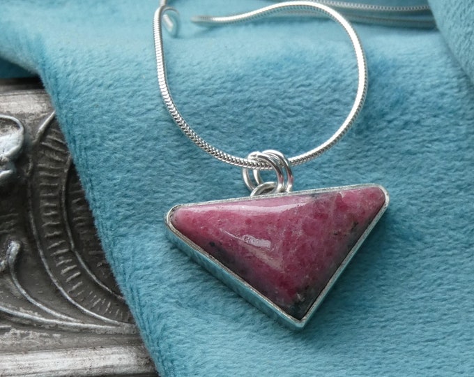 Large Pink Triangle Rhodonite Silver Necklace, Handcrafted Solid Sterling Silver Pendant w Beautiful Pink Natural Gemstone, Geometric