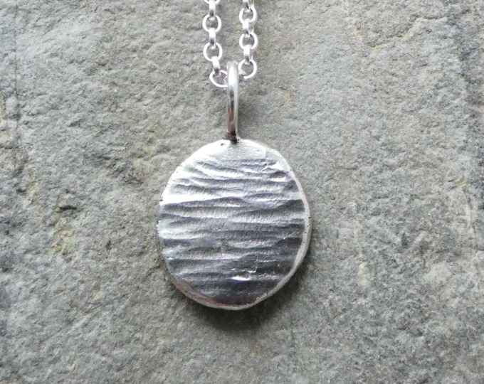 Ridge Textured Sterling Silver Disc Pendant Necklace , Minimalist Silver Nugget Necklace , Handmade Hammered Sterling Silver Disc Jewellery