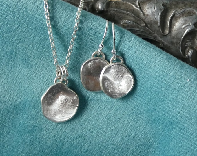 Organic Silver Necklace Set, Hammered Solid Sterling Silver Disc Pendant Necklace & Drop Earrings, Ethically Made Rustic Recycled Silver Set