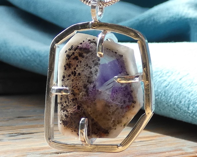Beautiful Raw Natural Gemstone Pendant Necklace w Traces of Amethyst, Handcrafted  Hammered Rustic Artisan One of a Kind Crystal Jewellery
