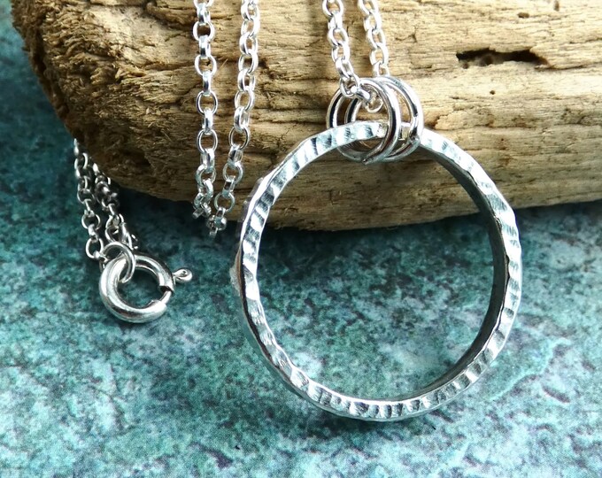 Hammered Silver Ring Pendant Necklace, Handmade Sterling Silver Circle Necklace, Circular Pendant, Minimalist Layering Silver Necklace