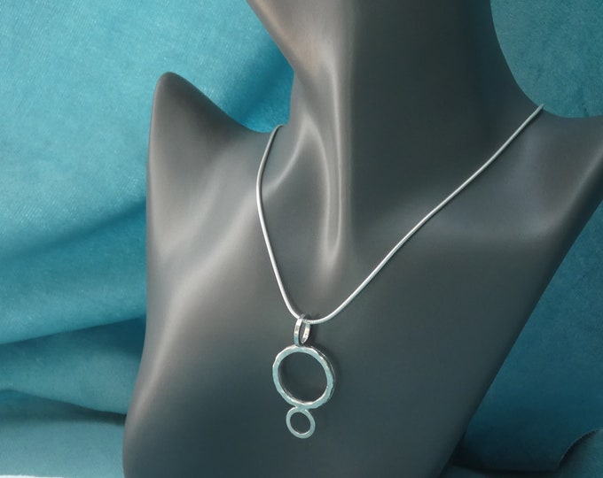 Large Long Hammered Sterling Silver Statement Circle Pendant Necklace, Handcrafted Artisan Modern Jewellery, Geometric, Contemporary Design