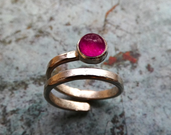 Adjustable Wrap Silver Ring, Solid Sterling Silver Open Ring w Bright Pink Rani Jade Stone, Artisan Silver Jewellery, Split Shank Cuff Ring