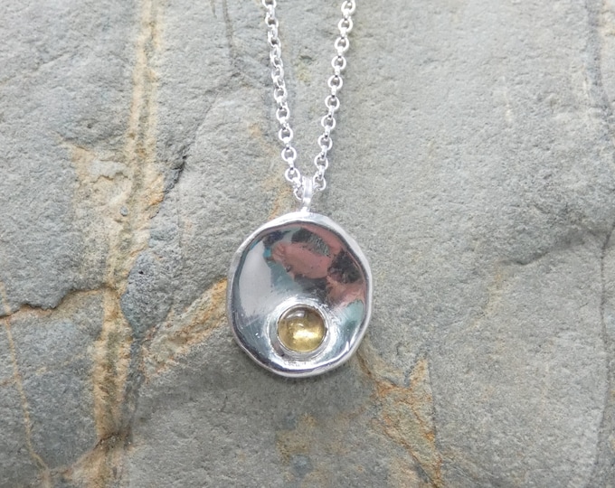 Citrine Necklace, Organic Shaped Solid Sterling Silver Pendant Necklace w Small Yellow Citrine Stone, Handcrafted Artisan Gemstone Jewellery