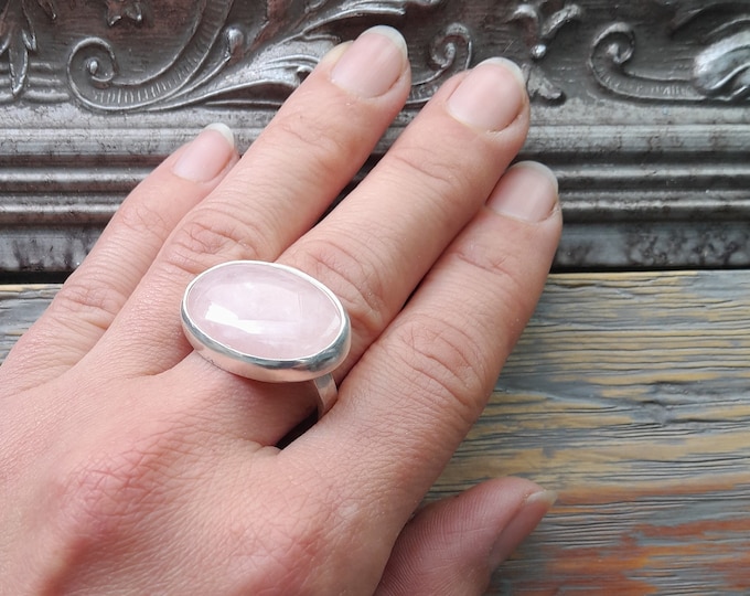 Large Chunky Rose Quartz Ring, Modern Solid Sterling Silver Natural Stone Statement Ring Oval Pale Pink Crystal, Gemstone Ring UK Size U 1/2