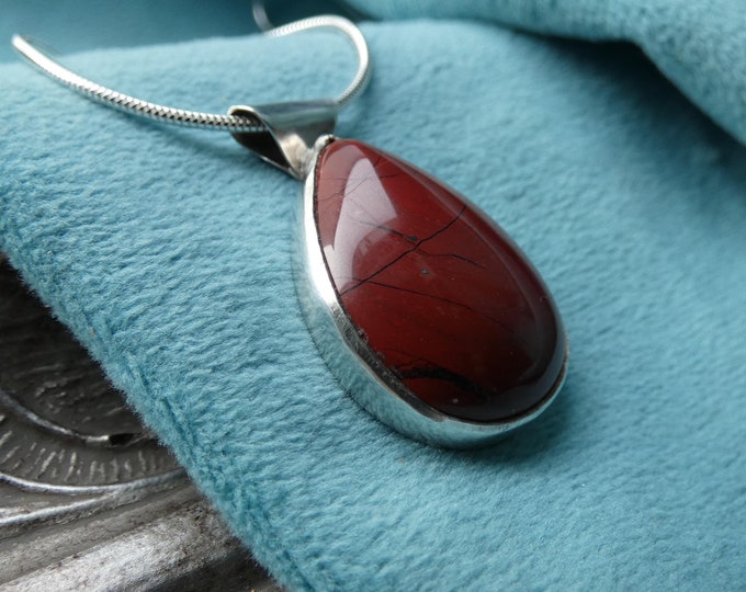 Teardrop Dark Red Jasper Necklace, Handcrafted Artisan Solid Sterling Silver Pendant w Chunky Burgundy Stone, Closed Back Bezel Setting