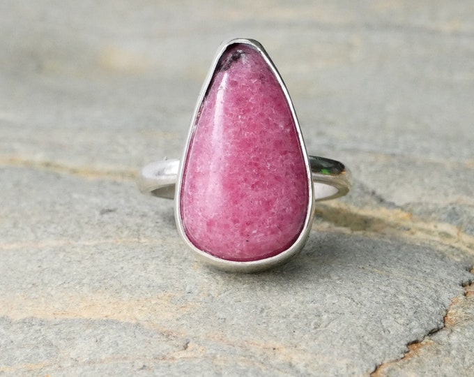 Pink Rhodonite Silver Ring, Handmade Raspberry Pink Natural Gemstone Ring, Sterling Silver Jewelry, Artisan Silver Jewellery, UK Size L 1/2