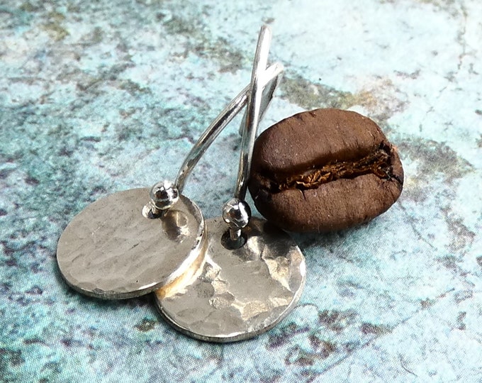 Tiny Hammered Disc Dangle Earrings, Handmade Sterling Silver Small Disc Drop Earrings, Dainty Silver Earrings, Minimalist Silver Earrings