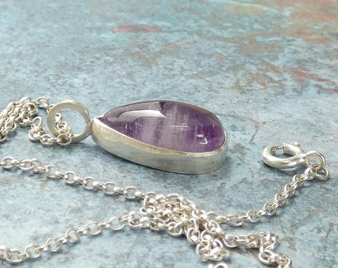 Amethyst Silver Necklace, Handcrafted Sterling Silver Pendant Necklace With Teardrop Shaped Amethyst Stone, Minimalist Silver Jewellery UK