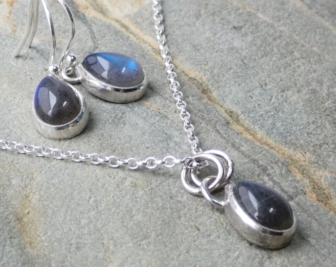 Tiny Dainty Labradorite Silver Earrings and Necklace Set, Handmade Minimalist Sterling Silver Jewellery Set, Necklace and Drop Earrings, UK
