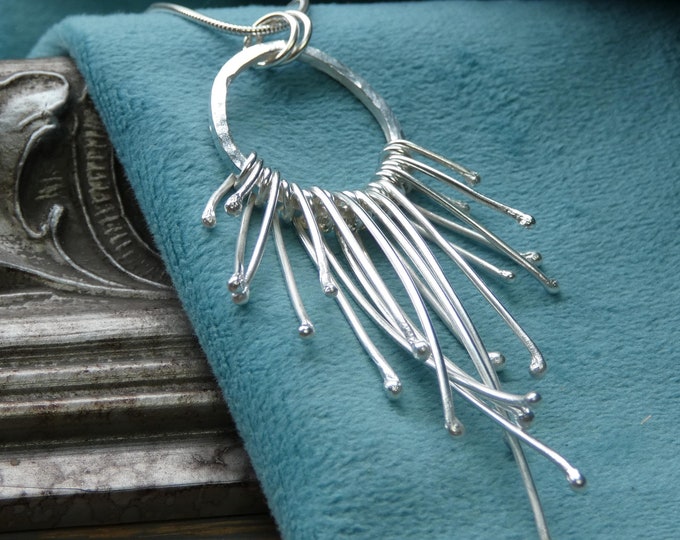Long Dangling Fidget Necklace, Hammered Sterling Silver Fringe Circle Pendant Necklace, Lightweight Artisan Silver Statement Jewellery, 925