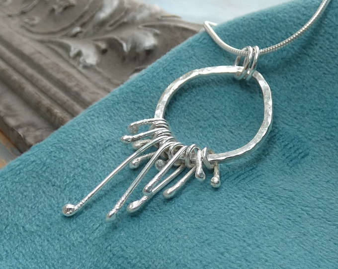 Light Fidget Necklace, Handcrafted Hammered Sterling Silver Circle Pendant Necklace, Modern Lightweight Rustic Style Artisan Silver Necklace