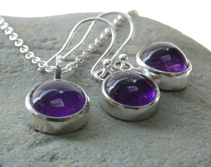 Amethyst Set / Handmade Sterling Silver Amethyst Necklace and Earrings Set / Minimalist Necklace Set / Purple Stone Jewelry Set
