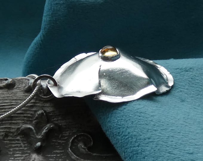 Large Lightweight Statement Sterling Silver Pendant Necklace w Tiny Circle Citrine Natural Gemstone, Hammered Precious Metal Artisan Jewelry