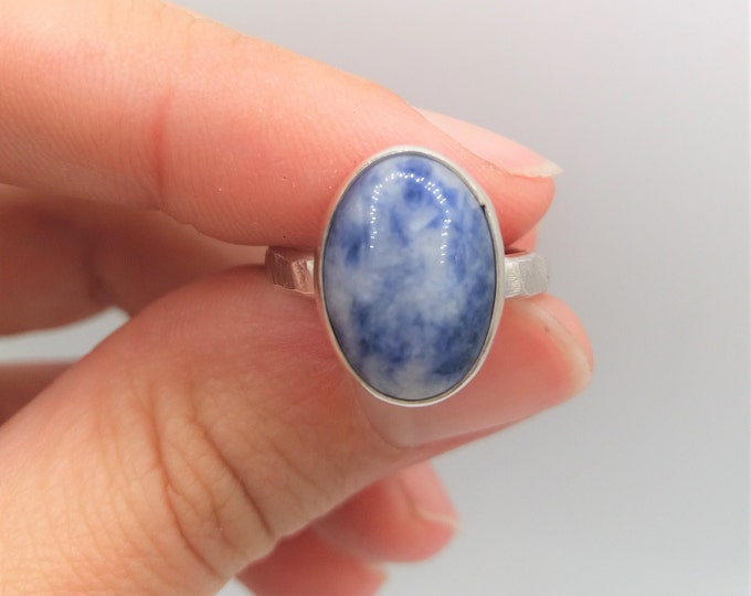 Blue Sodalite Silver Ring, Handmade Hammered Natural Blue Stone Ring, Blue Gemstone Sterling Silver Ring, Artisan Silver Jewelry, UK Size L